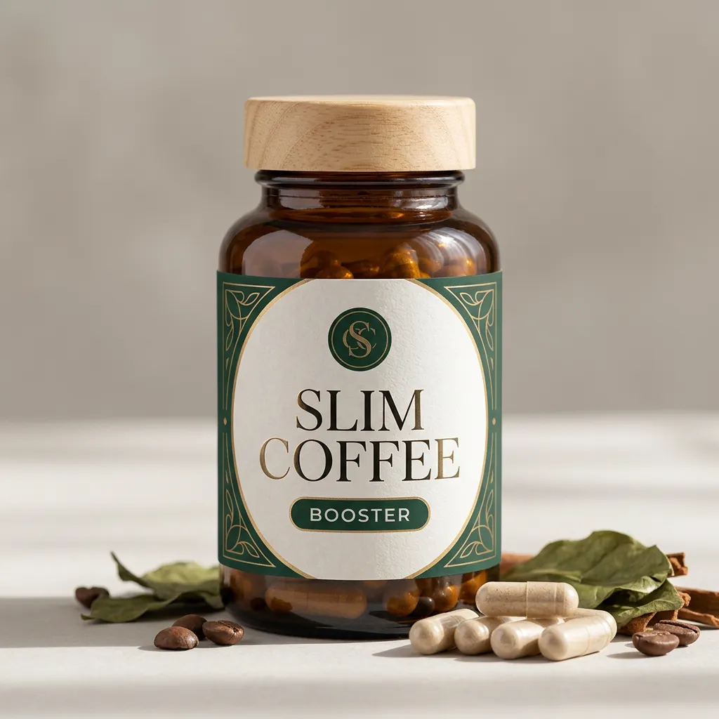 Slim Coffee Booster product box - compact square charcoal package with cream text and violet accent band